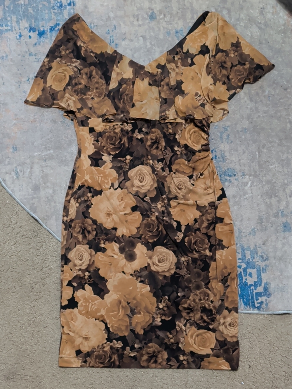 NWT Nordstrom One-Shoulder Floral Bodycon Dress in Black and Tan Women's 12 US